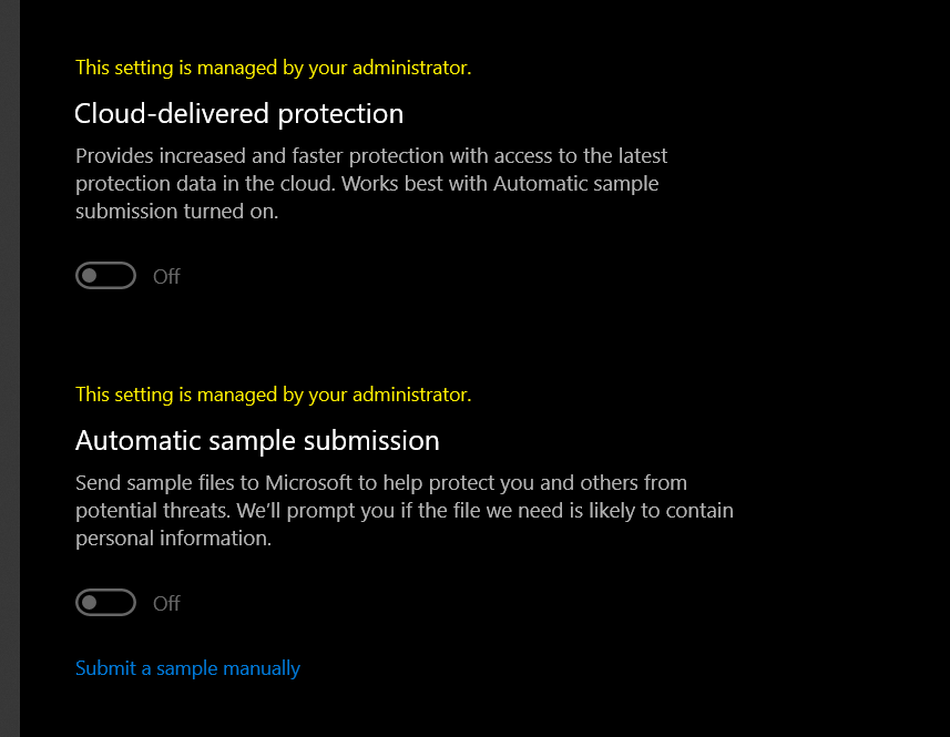 Cloud protection and automated sample submission settings. 83feccb1-4a08-4d39-ab16-5ae5827caf19?upload=true.png