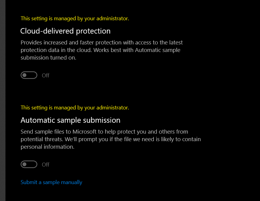 "Cloud-delivered protection" and "Automatic sample submission" are turning on, but there... 83feccb1-4a08-4d39-ab16-5ae5827caf19?upload=true.png