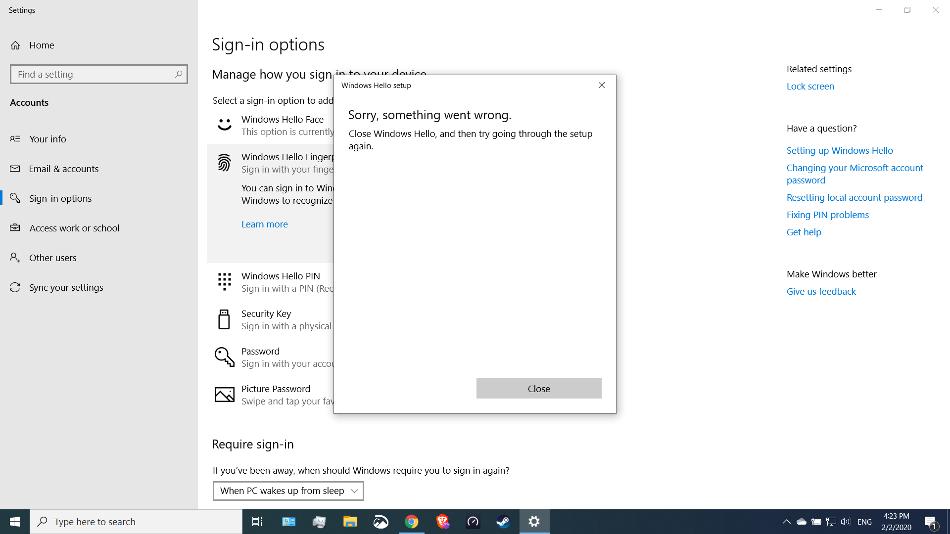Window Hello Fingerprint setup - 'Sorry, something went wrong.' 84b4efa2-7ef9-4d3f-ac43-b8f82c1c6bf5?upload=true.png