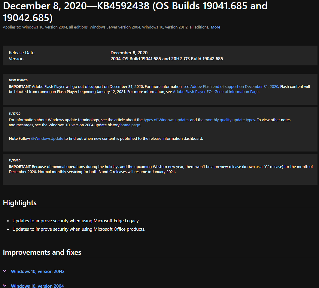 It's Patch Tuesday 12/8/20 And this is the information for Cumulative Update KB4592438 85837887-b485-4767-b618-ce38c329ed56?upload=true.png