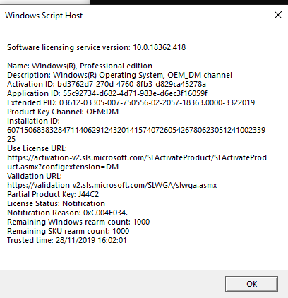 Windows 10 Pro Version 1909 Activation Issues
