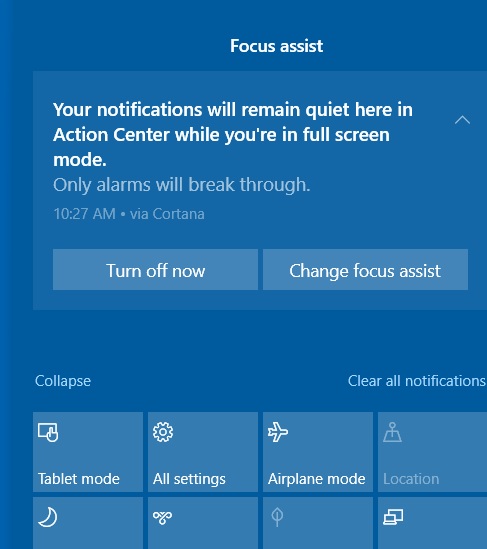 How to permanently remove 'Focus assist' message in Action Center after the 1903 update? 8b9a4059-1019-40e5-bfa2-ce2c9f70193e?upload=true.jpg