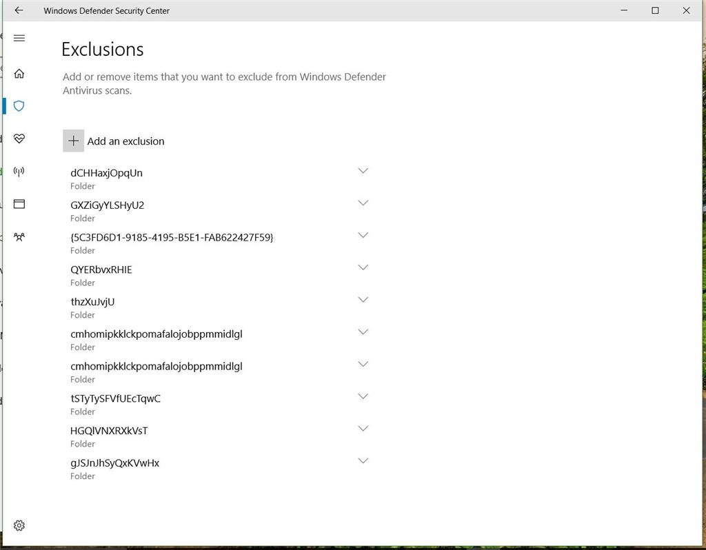 Windows Defender showing a list of greyed out Exclusions, but they don't show in the list... 8cc809c3-47e0-48f0-a2fc-60dfb0651bc9.jpg
