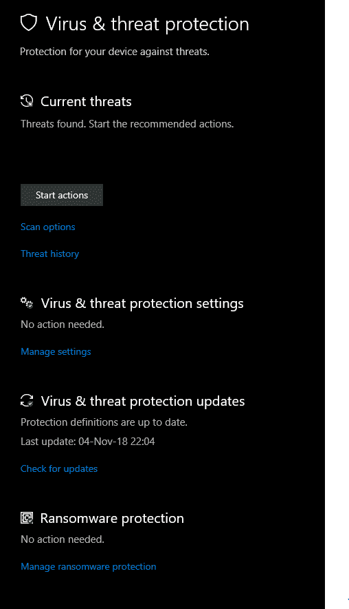 Virus and Protection Full Scan says a threat exists start actions.  Action button does nothing. 8e98a834-d393-4fa2-8b8e-f422b9faa6a5?upload=true.png