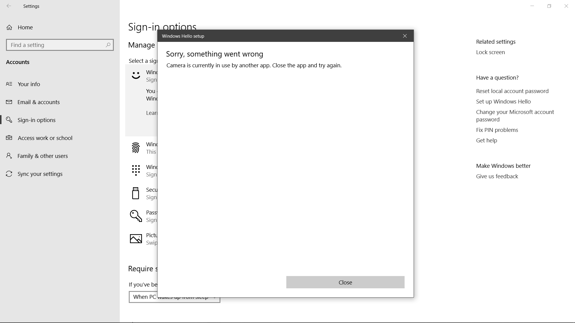 Camera is being used by another app - Windows Hello Face Setup 909ffda6-02b0-4c47-b7e2-9a7652f900e1?upload=true.png