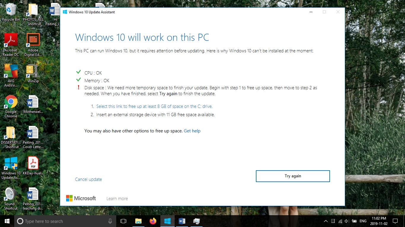 Unable to install Windows 10 updates due to lack of storage space. 95073e5b-da10-409a-8312-6cb9e60dde73?upload=true.jpg