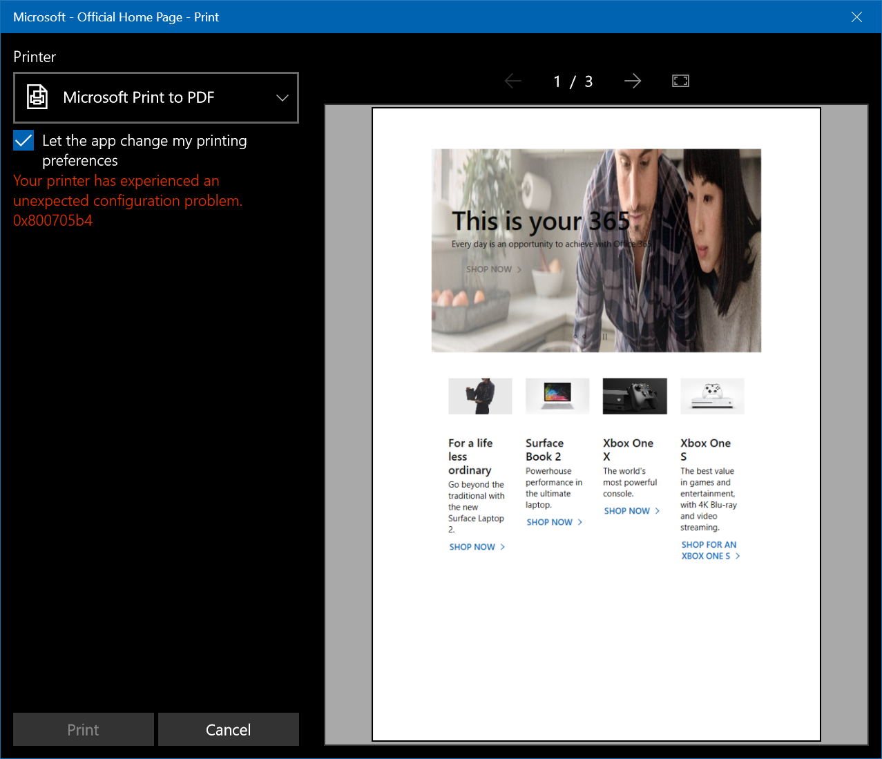 Printing Errors especially only on Microsoft Edge and OneNote which is