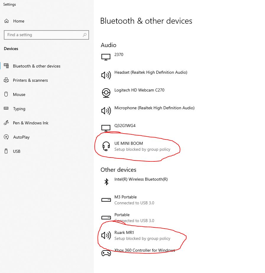 Can't connect AirPods Pro via Bluetooth. Keep seeing, "Setup blocked by group policy." 95b2e7d5-5960-48ac-97fb-77e8d2bccc72?upload=true.jpg
