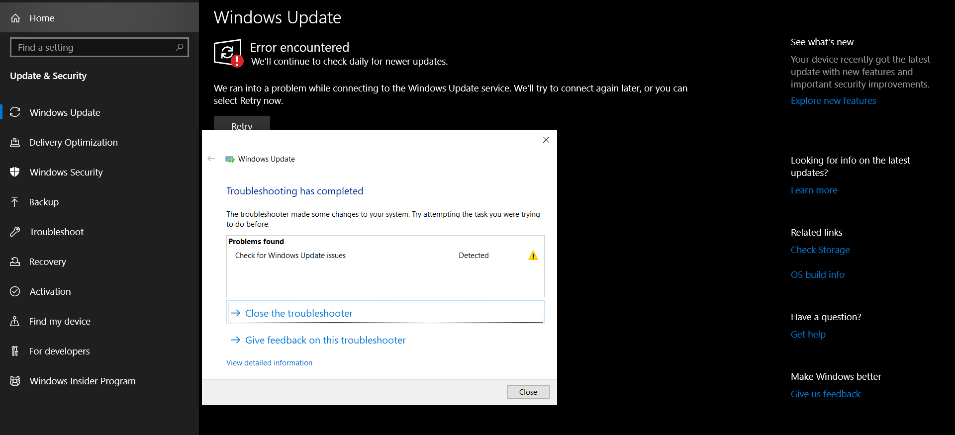 We ran into a problem while connecting to the Windows Update service. We'll try to connect... 95e71a6d-f619-487a-b768-7f8eb9f1308b?upload=true.png