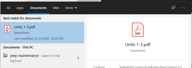Windows 10 seach bar - i can't find my file unless I click 'Documents' tab instead of 'All' 95f788a9-3daf-451c-b59d-84fd887a6f60?upload=true.png