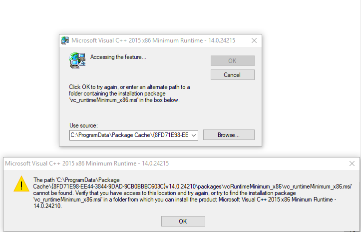 Insert The Microsoft Visual C 15 X86 Minimum Runtime 14 0 Disk And Click Ok