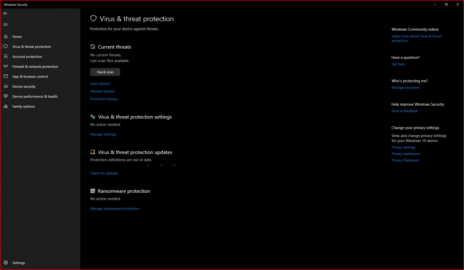 Can't update virus and protection updates from Windows Defender. 9790ad04-722f-4ed1-8959-0c9dd19c5ea7?upload=true.jpg