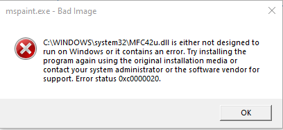 MFC42u.dll is either not designed to run on Windows or it contains an error. 97c54eca-437a-4672-b758-1a1afa08184d?upload=true.png