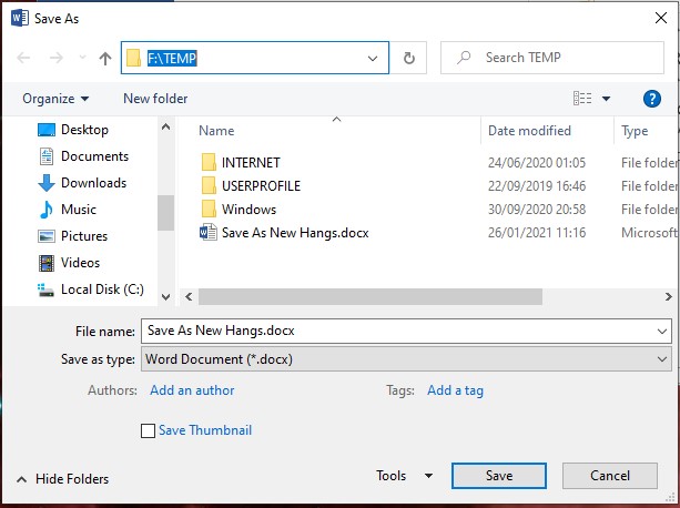 Right Click >"Save as" > "New Folder" - Creating New Folder Hangs in Windows 10 Pro 9915914b-e9f6-4948-8671-670225161803?upload=true.jpg