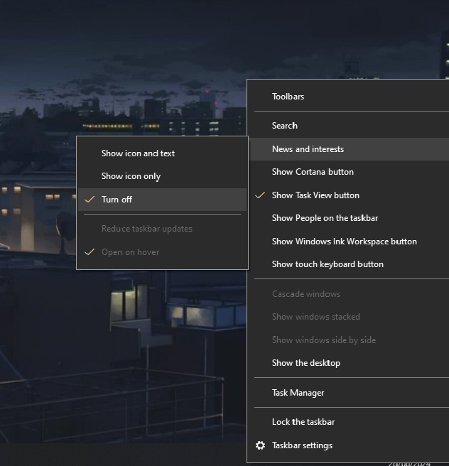 How to disable News and Interests in the taskbar without it reappearing again later. 9c2G%2FhwZ1TwhSm1VXyqYjylJQknbuRk7%2FtlpK9SR5VU3OGYaIee%2FYHSOKgAf8Gvu1G3k1JztH2tqcqq37XMtPhs%3D.png