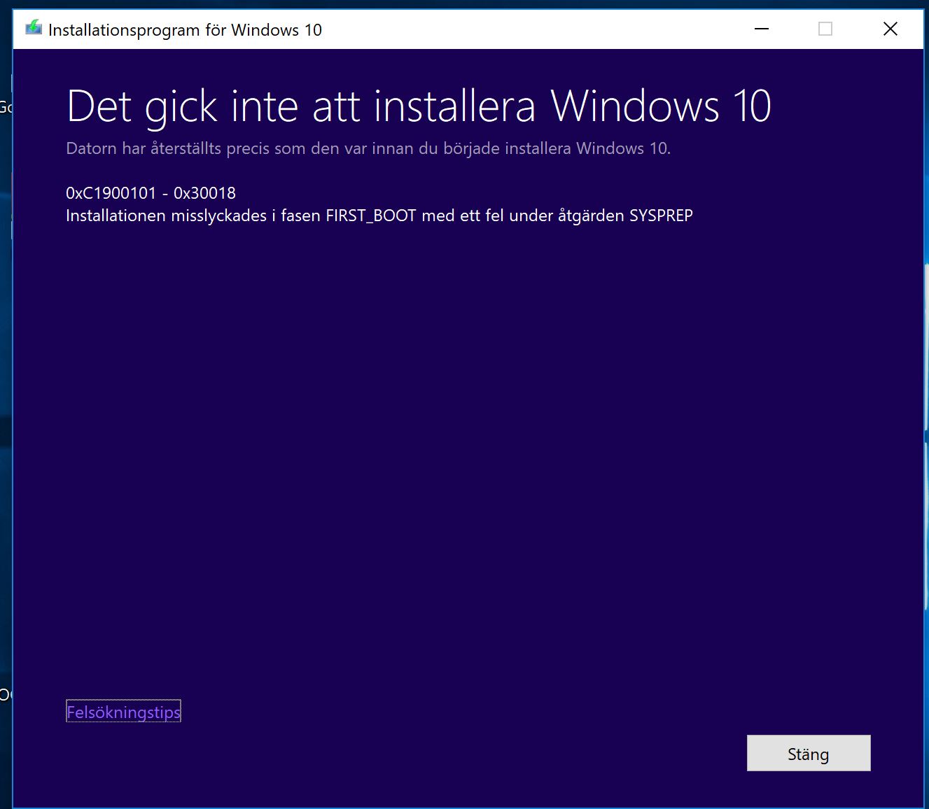 Unable to update Win 10 Edu 1803 to 1809 due to error 0xc1900101-0x30018 running on Bootcamp 9e170b93-f100-4fee-81b2-dbefe9da5775?upload=true.jpg