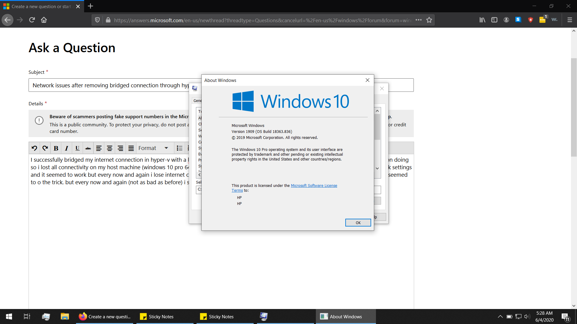 Network issues after removing bridged connection through hyper-v 9e8102bb-6934-44f9-85be-b8257113ed37?upload=true.png