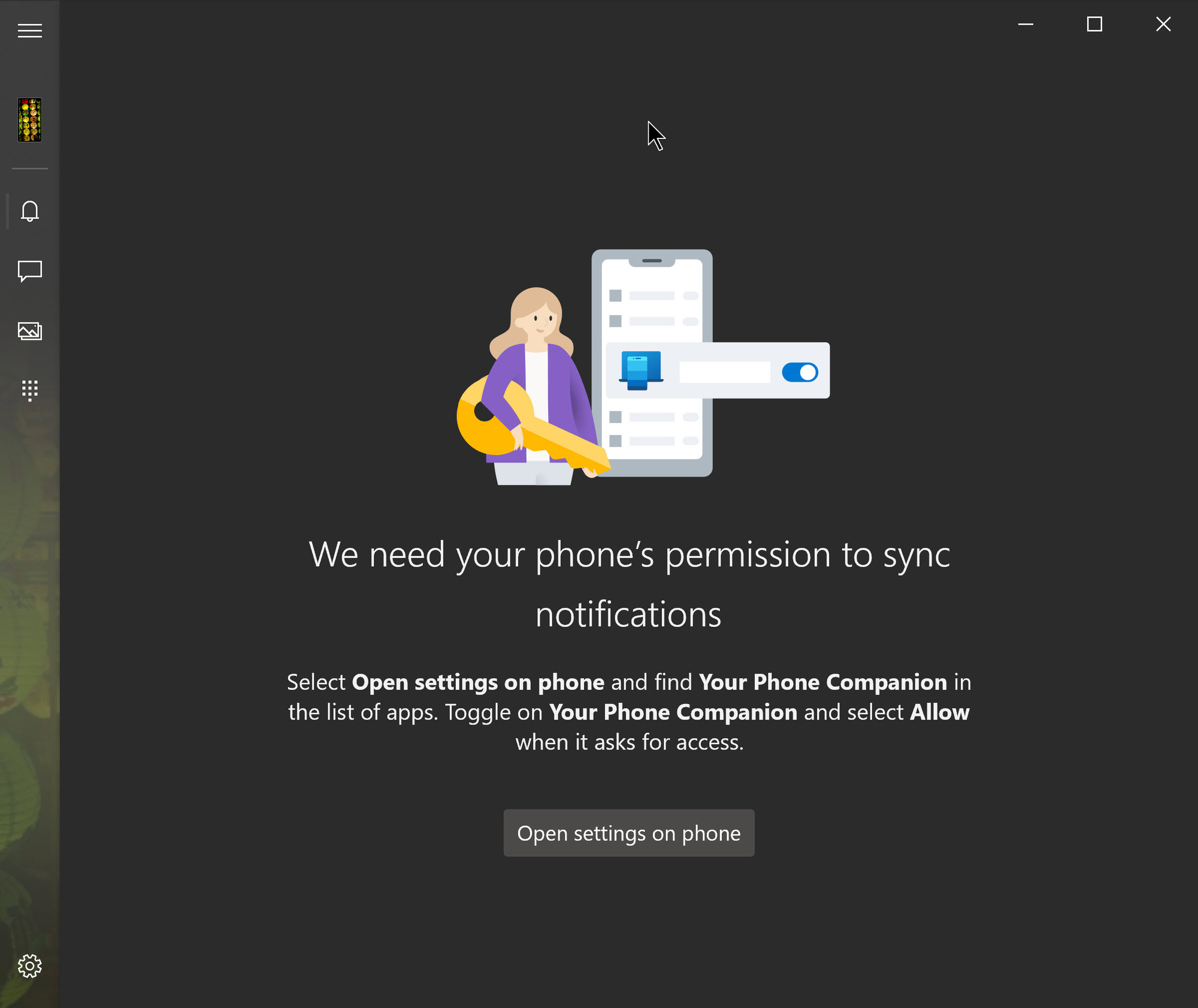 Your Phone app: Keeps prompting to "Open settings on phone" 9fbc6f2d-cc84-485c-9f47-18f830dbeb33?upload=true.jpg