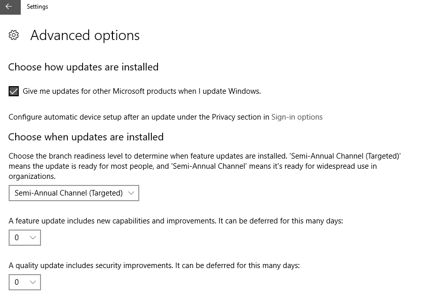 Choose when updates are installed (Semi annual channel / Targeted) option disappeared in 1909 9wYbb.png