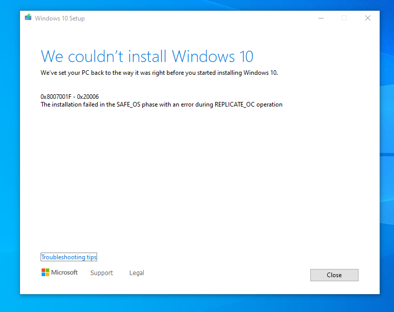 The installation failed in the SAFE_OS phase with an error during REPLICATE_OC operation a137894e-87b9-404d-9a9e-6f8306fd301a?upload=true.png