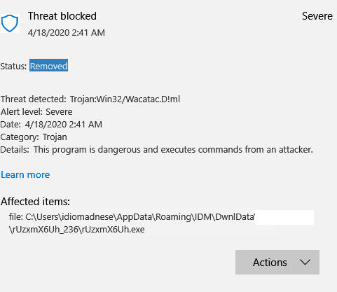 Trojan:Win32/Wacatac.D!ml Threat Blocked by Windows Security, my system is clean? a2017b7d-4905-435a-b7f2-3db23bd8887b?upload=true.png