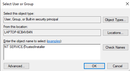 NT SERVICE/TrustedInstaller - Can't change owner/Error message a2699344-5e60-4409-9686-a699d691fa81?upload=true.png