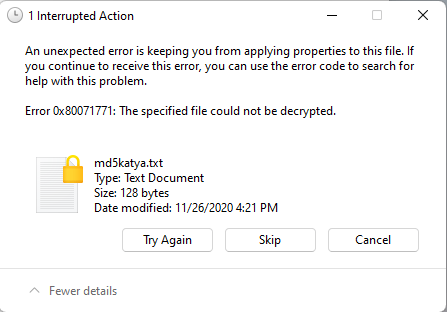 error 0x80071771 :I encrypted some of my files and folders in Windows 11, after some time I... a2e7b541-1769-4b45-98a4-132ed1968f6d?upload=true.png