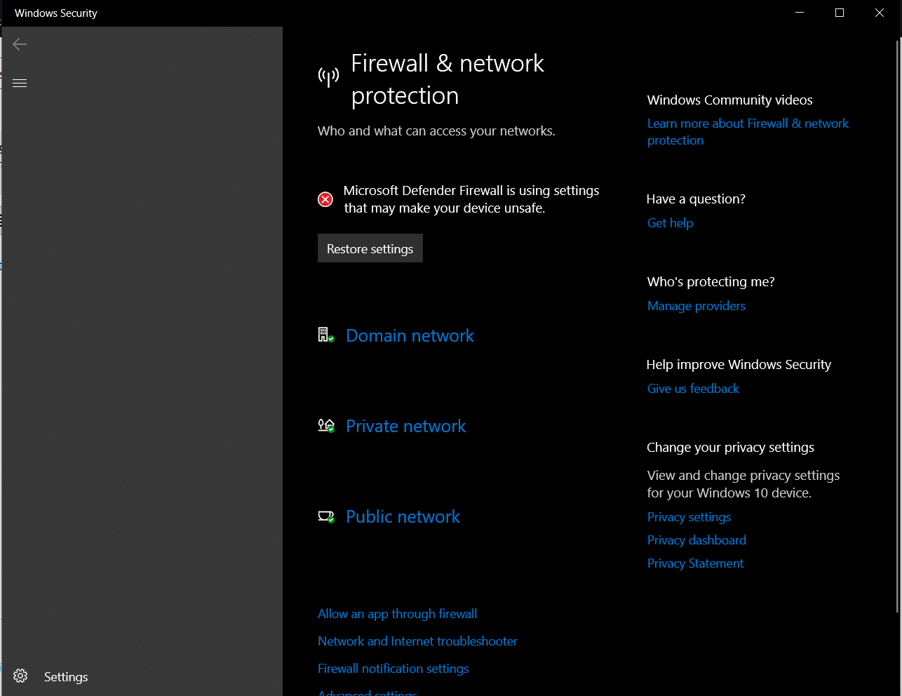 Windows Defender Firewall is using settings that make the device unsafe a36668cf-cf59-4a82-a977-4b8067d61bff?upload=true.png