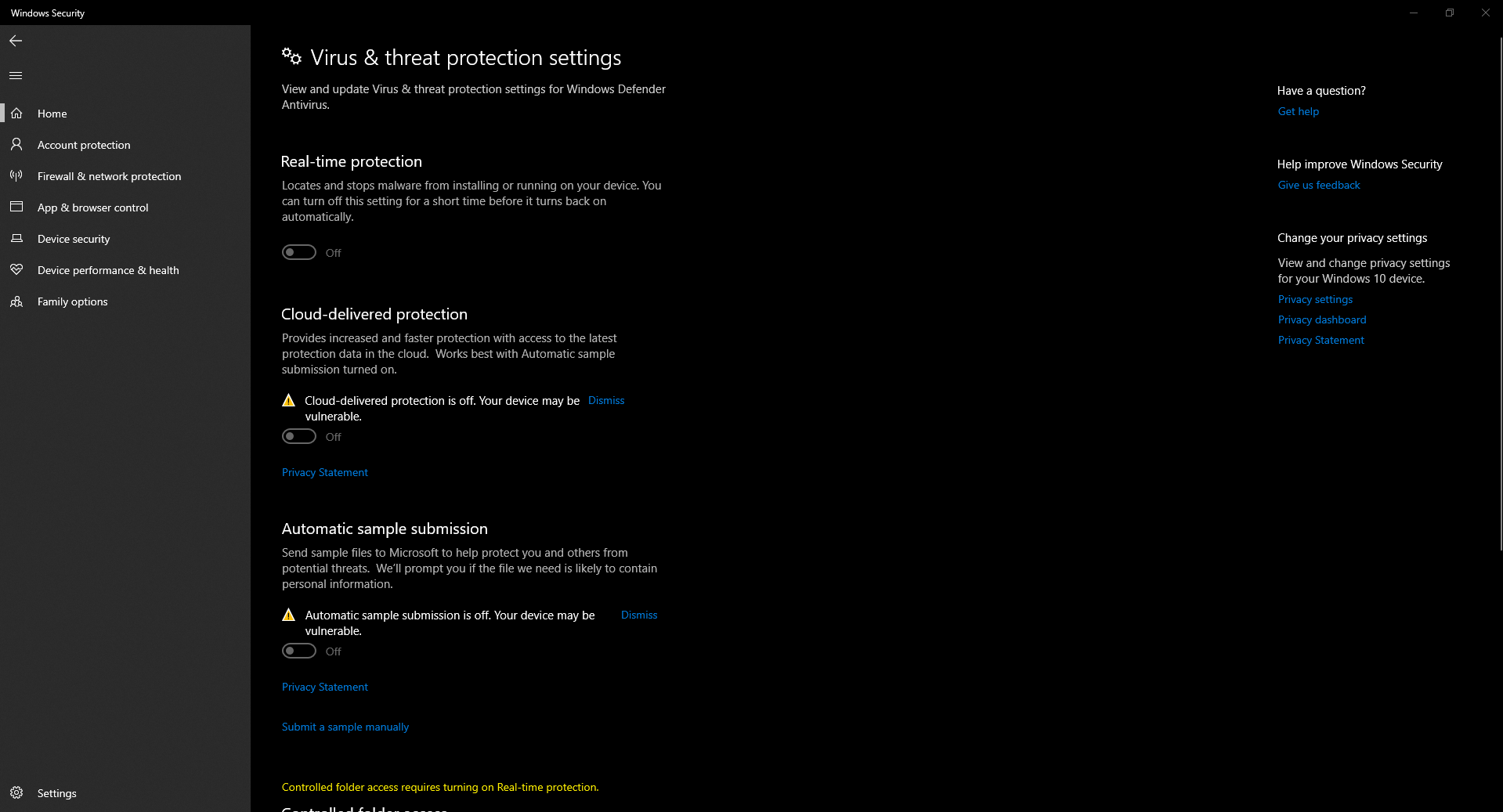 can't turn real time protection in windows 10, Windows 10 virus & threat protection page... a47d35e6-bc3a-447e-8581-5199f360dc46?upload=true.png