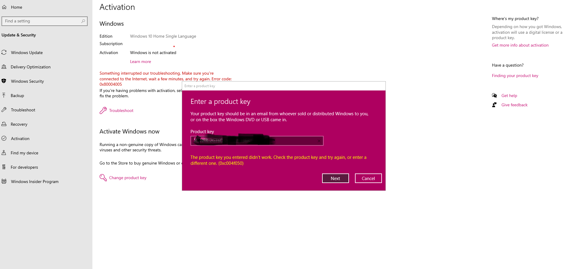 My Windows can't get activated I recently updated my windows and now it ask me for key... a4dcfe73-6105-41d4-b28f-dfd41a26e15c?upload=true.png