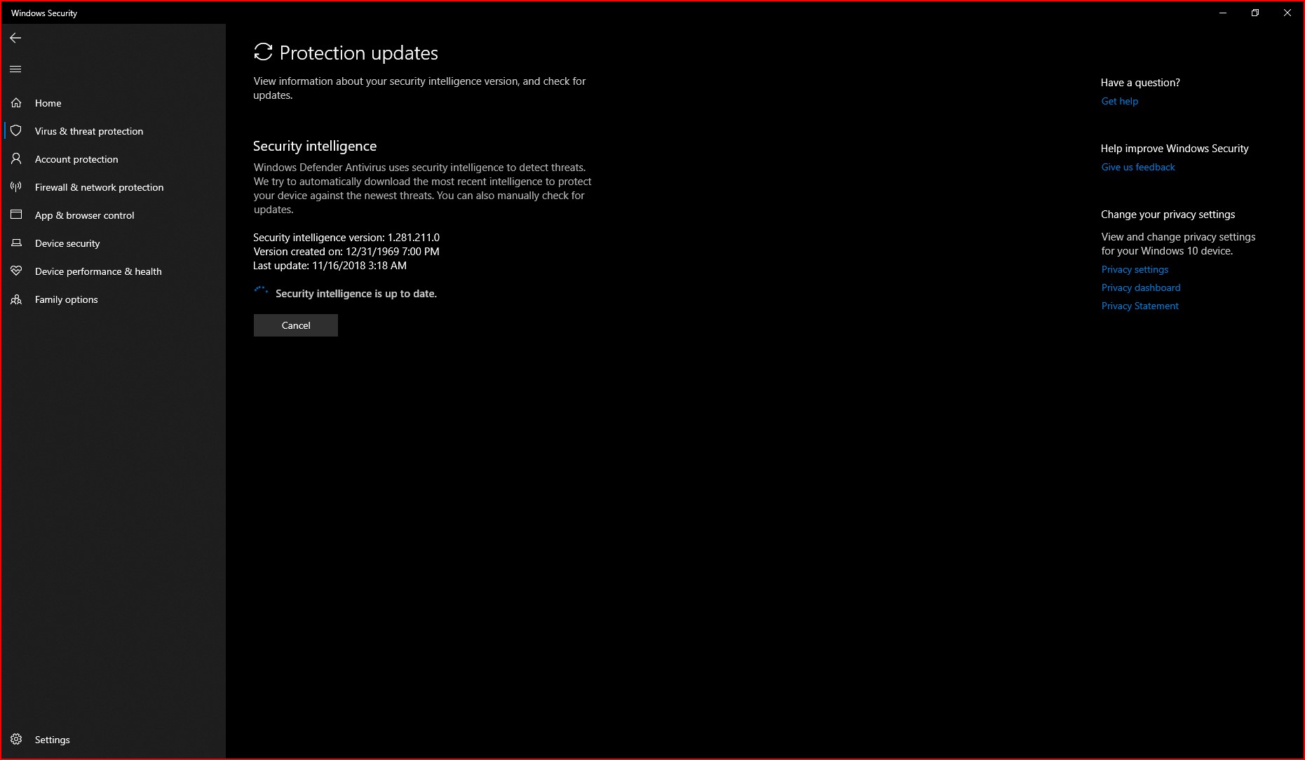 Can't update virus and protection updates from Windows Defender. a6103d34-9b15-422c-a49f-7f762af05088?upload=true.jpg
