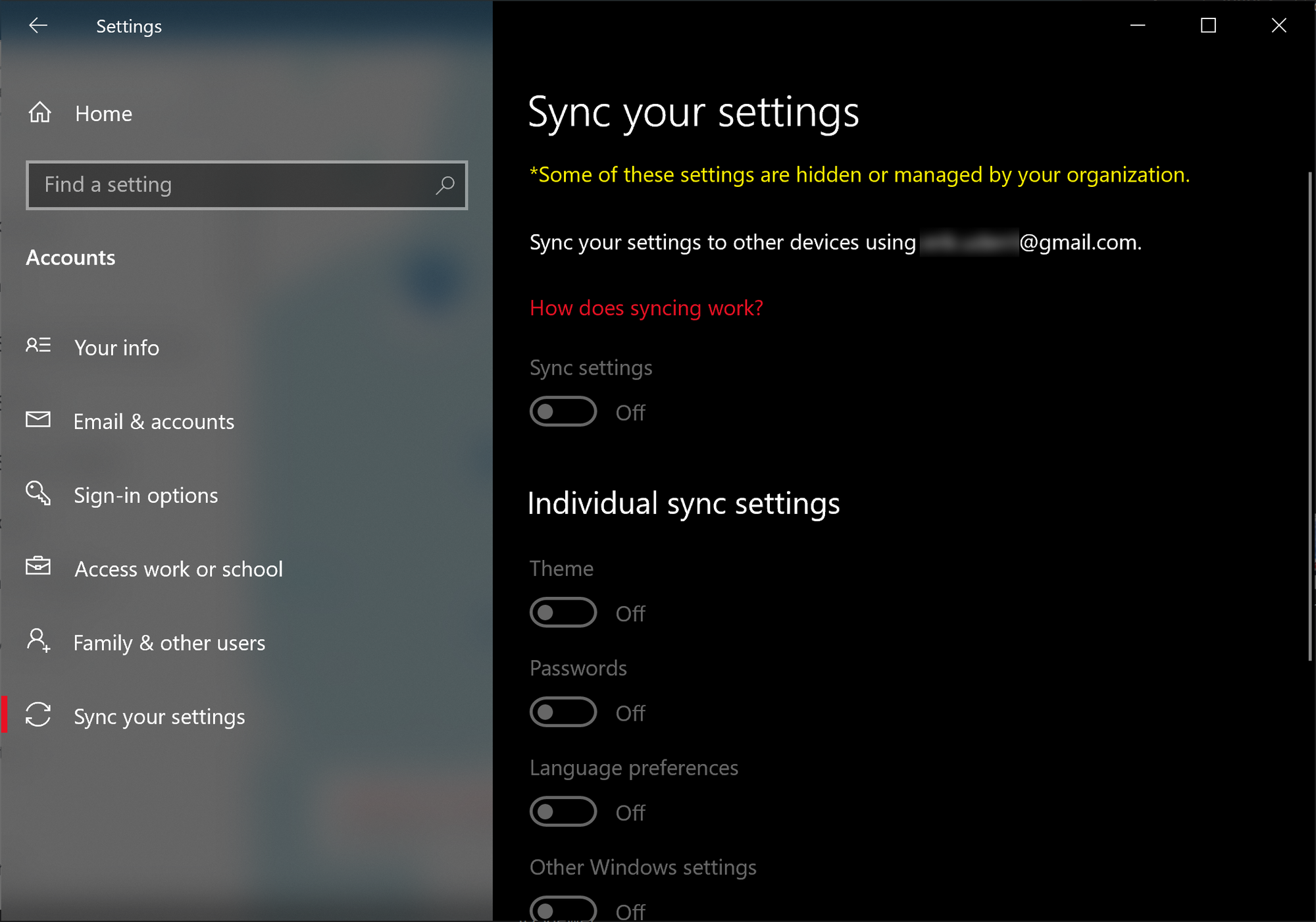 Problems with: Sync Your Settings because "*Some of these settings are hidden or managed by... a6aac897-4f9e-4fd5-834e-fb4e59e0c36c?upload=true.png