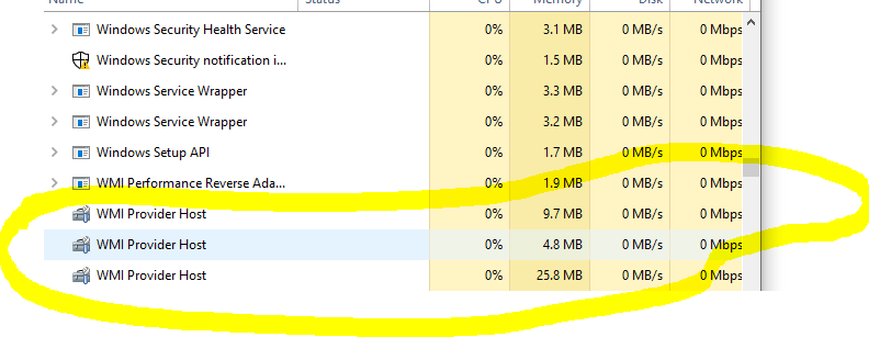 WMI provider host two running at the same time and sometimes a third one. a9478e01-48bd-4c45-a401-513e18039a9e?upload=true.png