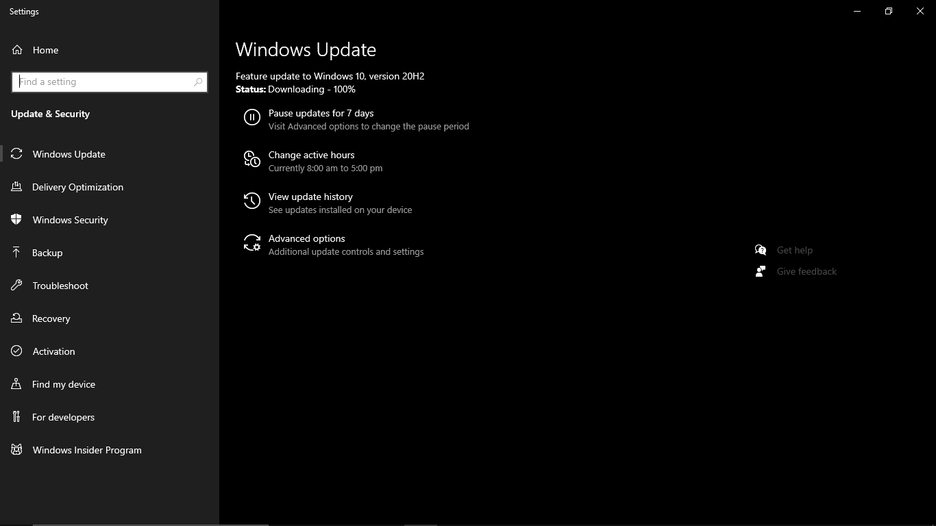 i want to update to windows 10 20h2 but my download is stuck at 100% ab907d22-fa98-4c31-93c0-f0349330bc3d?upload=true.png