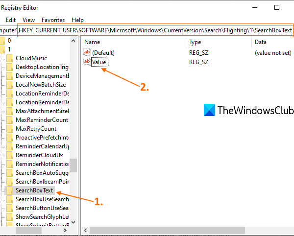 How to change the Search box text in Windows 10 access-SearchBoxText-key-and-double-click-on-Value-name-String-value.png