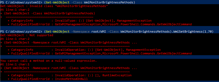Cannot change brightness: Get-WmiObject : Invalid class "WmiMonitorBrightnessMethods" adb5456d-a515-4d76-afd8-21d0c09a7c9b?upload=true.png