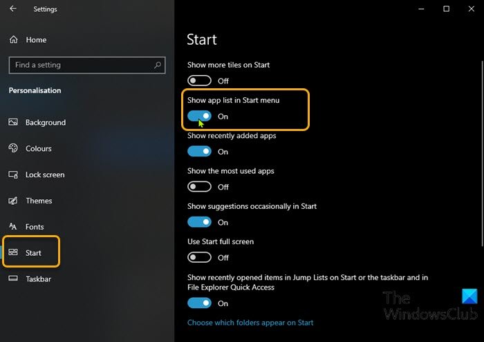How To Add Or Remove All Apps List In Start Menu On Windows 11 10