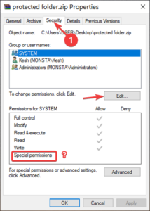 Compressed (Zipped) folders error in Windows 10 – File not found or No Read permission add-special-permissions-214x300.png