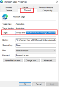 How to enable the Collections feature in Microsoft Edge browser Add-suffix-to-Target-202x300.png