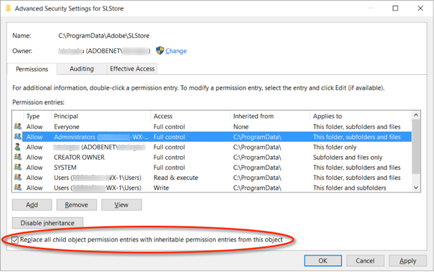 Cannot “Replace all child object permissions with inheritable permissions from this object” Advanced%20settings%20win%2010.png