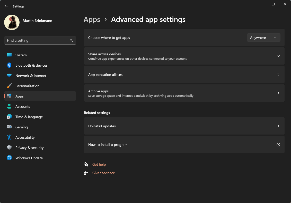 How to fix The app you're trying to install isn't a Microsoft-verified app on Windows advanced-app-settings.png