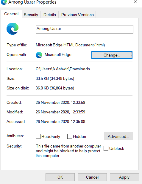 A rar file changes into a Microsoft Edge Html document after downloading. And the html... af0c4335-e235-4a1b-8e34-5a0c8993f960?upload=true.png