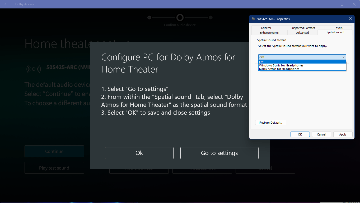 "Dolby Atmos for home theater" option missing under "Spatial audio" win 11 af1e7b38-dfb8-49d8-9f97-910c4207a5ec?upload=true.png
