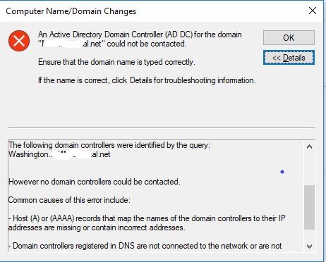 cannot connect to domain controller windows 10