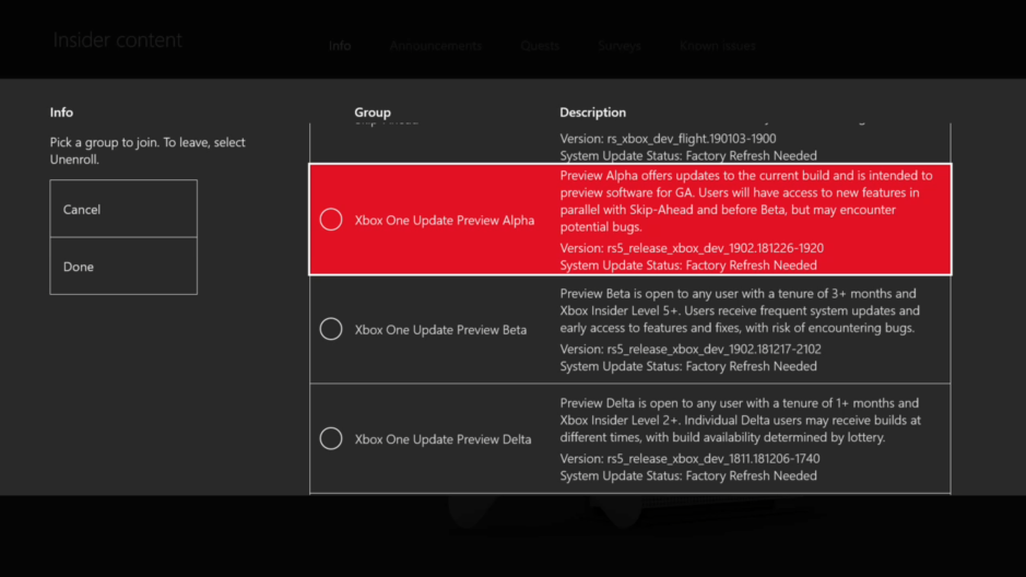 Xbox One Preview Alpha ring 1911 System Update 190919-1945 - Sept. 23 Xbox Alpha-Ring-1.png