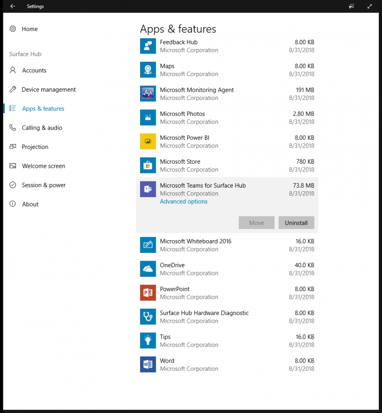 What is new in Microsoft Teams on Surface Hub - March round up Apps-list-e1536616391426.png