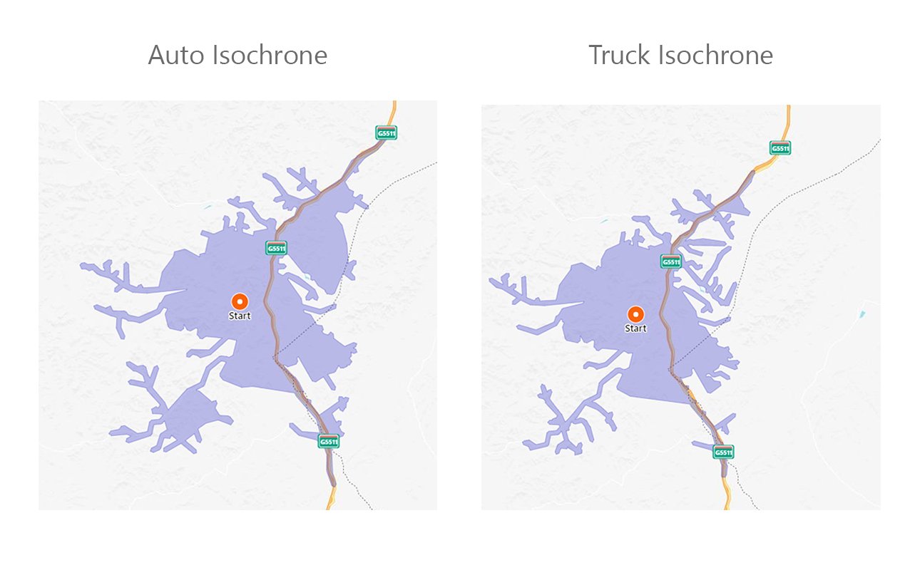 New Enhancements to Bing Maps Routing and Logistics APIs Auto_vs_TruckIsochrone.png