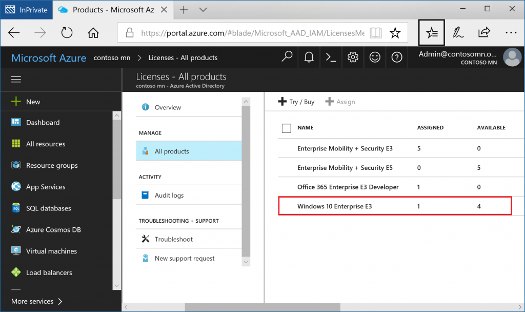 Activate non-licensed Windows 10 Pro with Windows Enterprise A3 subscription Azure-Licenses-1024x608.png