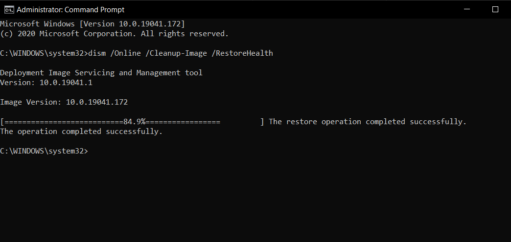 dism /Online /Cleanup-Image /RestoreHealth goes up to 84.9% and finishes repairing b0480ac2-8db6-464f-bfb6-31037fac643f?upload=true.png
