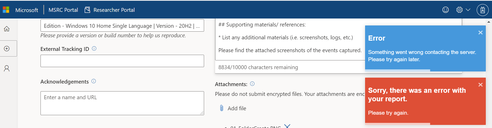 Not able to report a bug on Windows OS in the MSRC portal. b0bfd8a5-49e7-4342-877d-6035d22d8884?upload=true.png